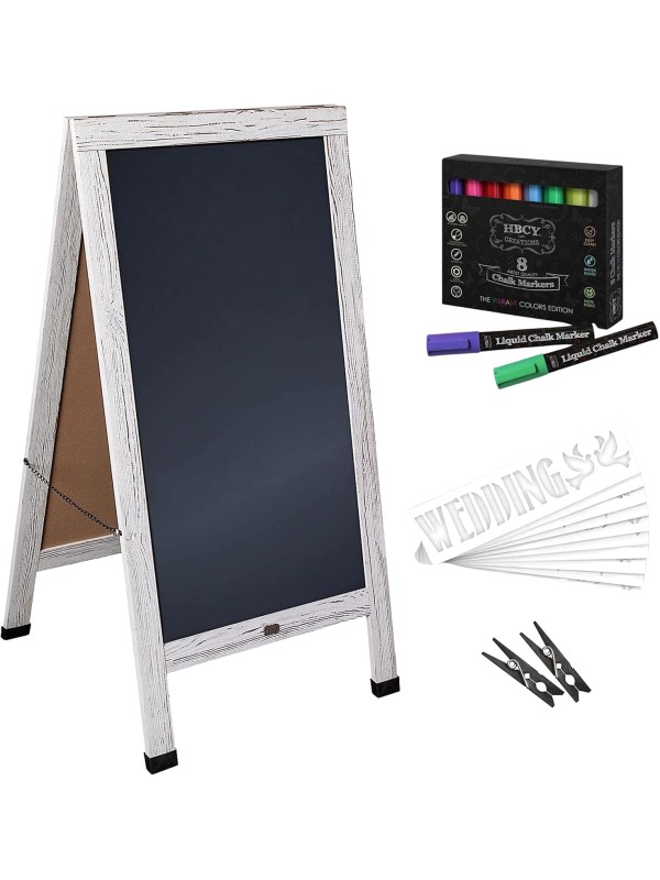 A Frame Chalkboard with Chalk Markers by HBCY Creations: 40x20 Solid Wood A-Frame Sign Gray Double-Sided Magentic Menu Board, Deluxe Set Includes 8 Chalk Markers, 10 Stencils, 2 Magnets