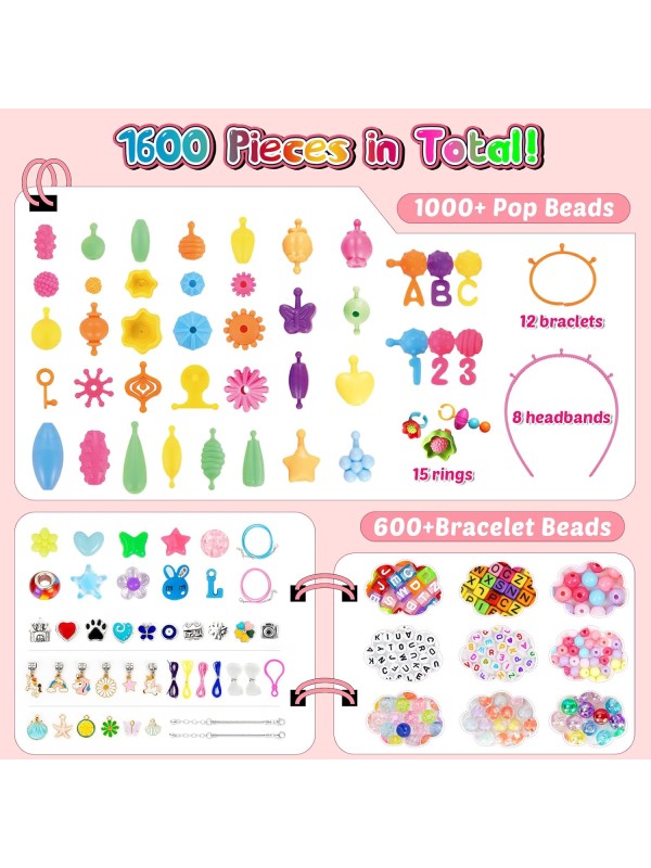 FUNZBO 520+ Snap Pop Beads - Jewelry Making Kit for Kids, Arts and Crafts for Kids Ages 4-8, Toys for 3 4 5 6 Years Old Girls Birthday Gifts Ideas, Bracelet Necklace Ring Snap Set for Little Girls