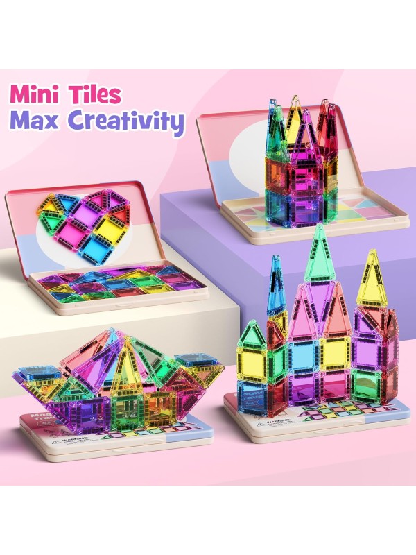 Magnetic Tile Mini Diamond Set Travel Size Magnetic Building Toys with Iron Case, Kid's Travel Essential On-The-Go Magnet Construction Toy Set STEM Development Kit Ages 3+, 26-Piece