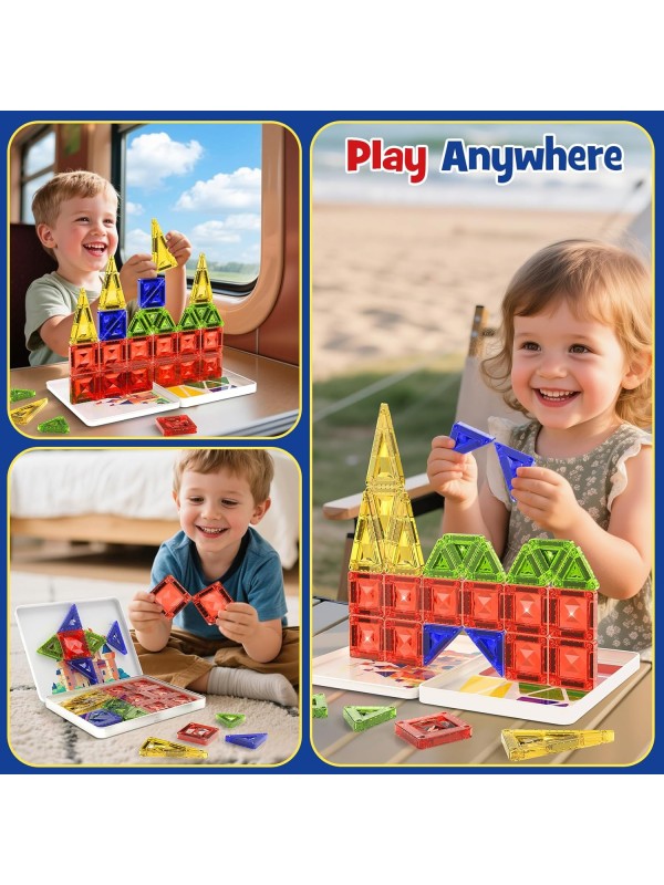 Magnetic Tile Mini Diamond Set Travel Size Magnetic Building Toys with Iron Case, Kid's Travel Essential On-The-Go Magnet Construction Toy Set STEM Development Kit Ages 3+, 26-Piece