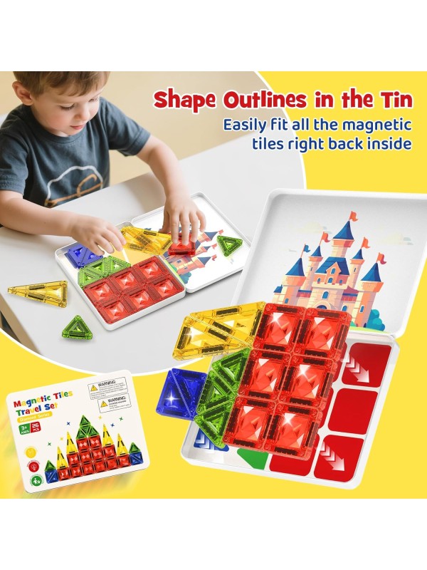 Magnetic Tile Mini Diamond Set Travel Size Magnetic Building Toys with Iron Case, Kid's Travel Essential On-The-Go Magnet Construction Toy Set STEM Development Kit Ages 3+, 26-Piece