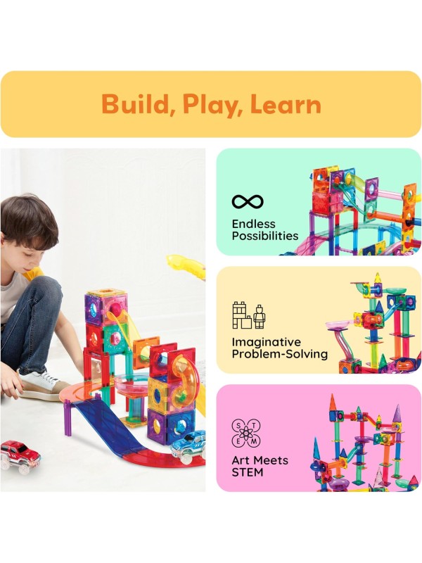 PicassoTiles 108pc 3-in-1 Marble Run Car Race Track Combo Magnetic Tiles PicassoToys Magnet Building Block Educational Construction Toy Playset STEM STEAM Learning Kit Child Brain Development PTG108