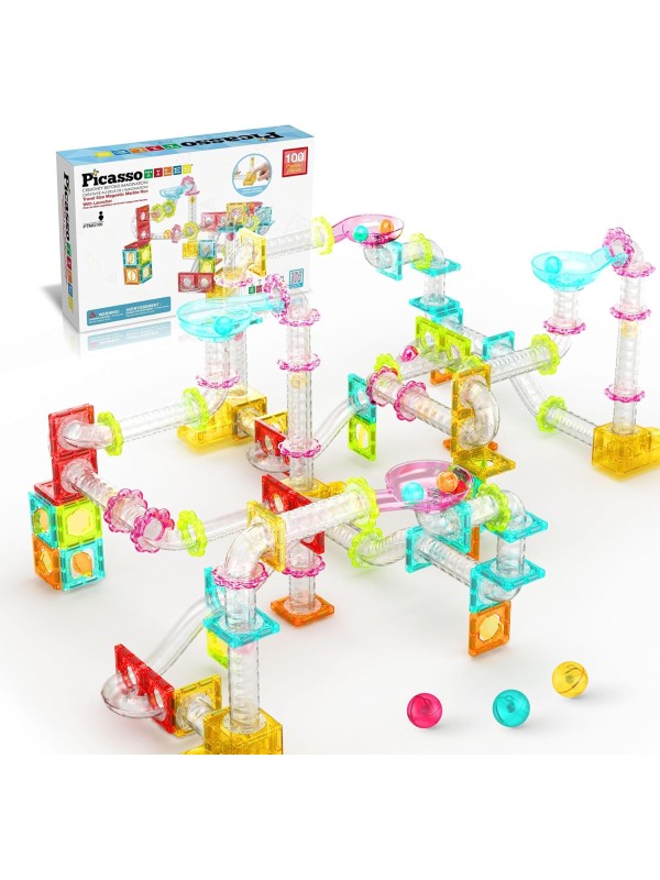 PicassoTiles 108pc 3-in-1 Marble Run Car Race Track Combo Magnetic Tiles PicassoToys Magnet Building Block Educational Construction Toy Playset STEM STEAM Learning Kit Child Brain Development PTG108