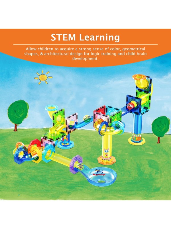 PicassoTiles 108pc 3-in-1 Marble Run Car Race Track Combo Magnetic Tiles PicassoToys Magnet Building Block Educational Construction Toy Playset STEM STEAM Learning Kit Child Brain Development PTG108