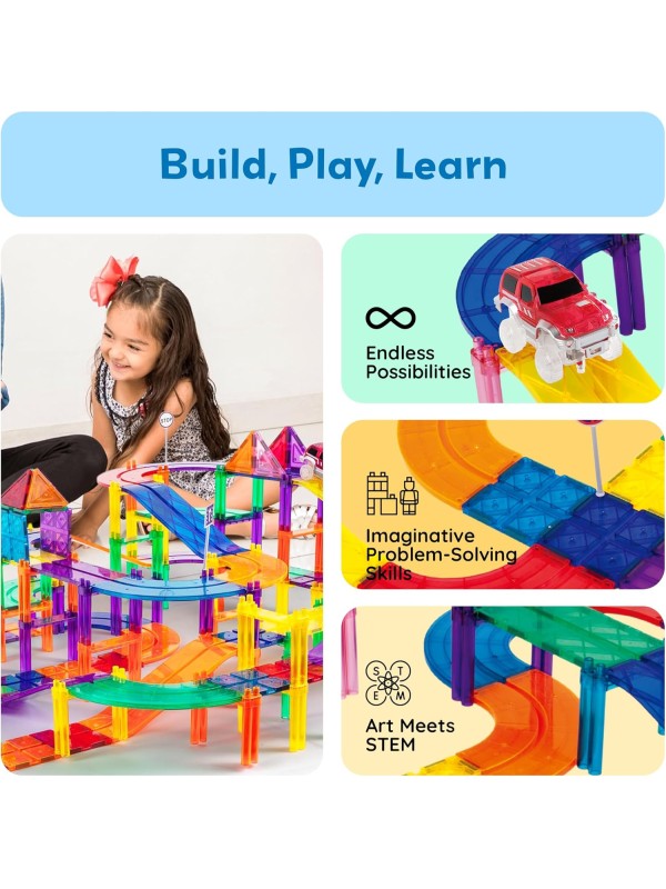 PicassoTiles 128 Piece Race Car Track Building Block Educational Toy Set Magnetic Tiles Magnet Playset 3 LED Car STEM Learning Construction Kit Hand-Eye Fine Motor Skill Training Brain Development