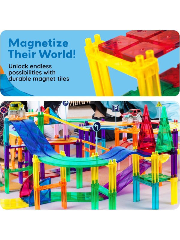 PicassoTiles 128 Piece Race Car Track Building Block Educational Toy Set Magnetic Tiles Magnet Playset 3 LED Car STEM Learning Construction Kit Hand-Eye Fine Motor Skill Training Brain Development