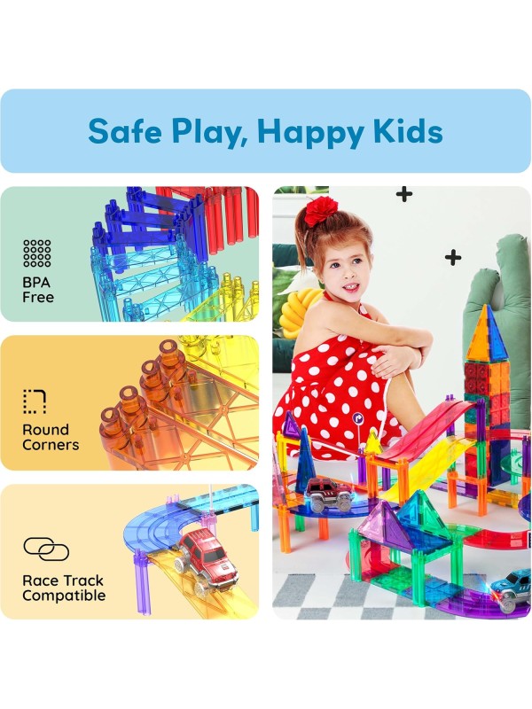 PicassoTiles 128 Piece Race Car Track Building Block Educational Toy Set Magnetic Tiles Magnet Playset 3 LED Car STEM Learning Construction Kit Hand-Eye Fine Motor Skill Training Brain Development