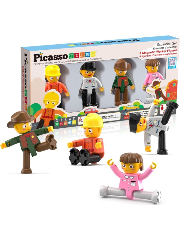 PicassoTiles Magnetic 4 Family Action Figures Toddler Toy Magnet Expansion Pack Educational Add-on STEM Learning Kit Toys Pretend Playset for Construction Building Block Tiles Child Brain Development