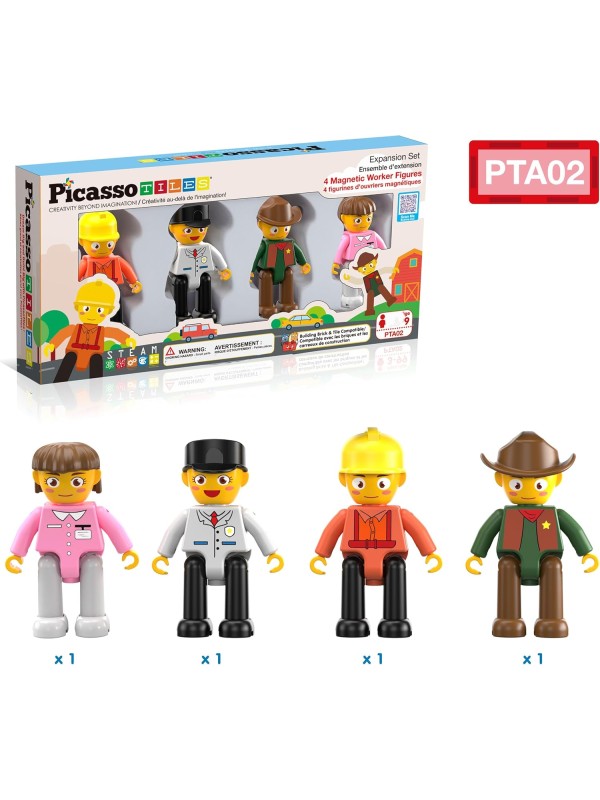 PicassoTiles Magnetic 4 Family Action Figures Toddler Toy Magnet Expansion Pack Educational Add-on STEM Learning Kit Toys Pretend Playset for Construction Building Block Tiles Child Brain Development