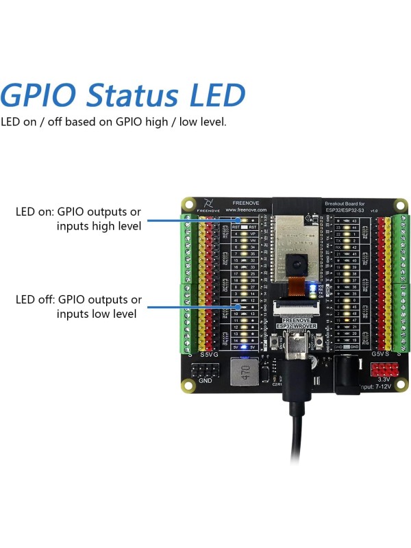 Freenove Breakout Board for ESP32 / ESP32-S3 WROVER WROOM, Terminal Block Shield HAT with Pin Header, 5V 3.3V Power Outputs, GPIO Status LED